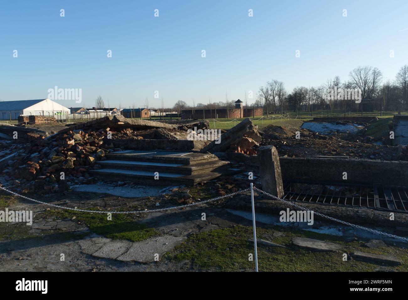 Remains of a Demolished Gas Chamber - Auschwitz-Berkenau Concentration Camp, Poland. Stock Photo