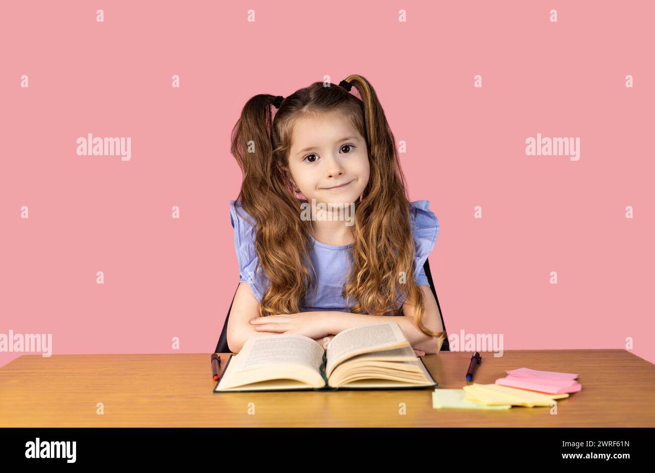 Clever and tidy little girl with two ponytails holds her hands on the bench and looks smiling at the camera isolated on a pink background. Concept of Stock Photo