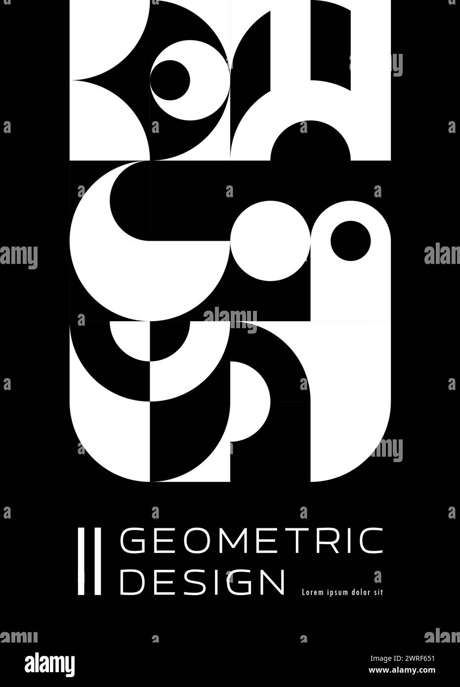Monochrome modern abstract geometric pattern for poster or banner, vector background. Book or magazine cover template with title header and black and white pattern of mosaic simple shape elements Stock Vector