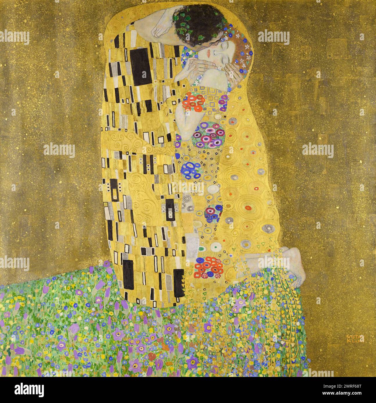 The Kiss by Gustav Klimt (1862-1918) painted 1907-08. A masterpiece of the Vienna Secession showing two lovers embracing in decorative robes painted in oil with gold leaf. Credit: Österreichische Galerie Belvedere / Universal Art Archive Stock Photo