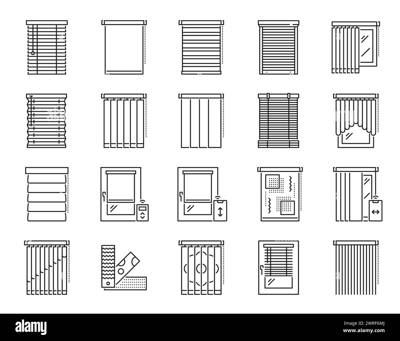 Window blind, curtain and jalousie icons. Apartment, house or office window covering, wooden and bamboo horizontal shades, fabric curtains and motorized jalousie with remote control outline icons set Stock Vector