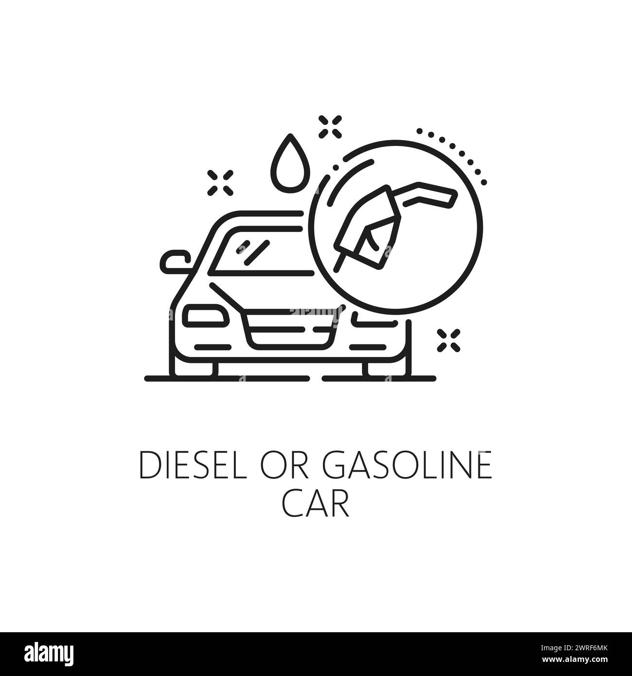 Car diesel or gasoline line icon, dealership and automobile dealer center vector symbol. Diesel or gasoline fuel vehicle outline icon for petrol station, auto salon or vehicle buy and sell service Stock Vector