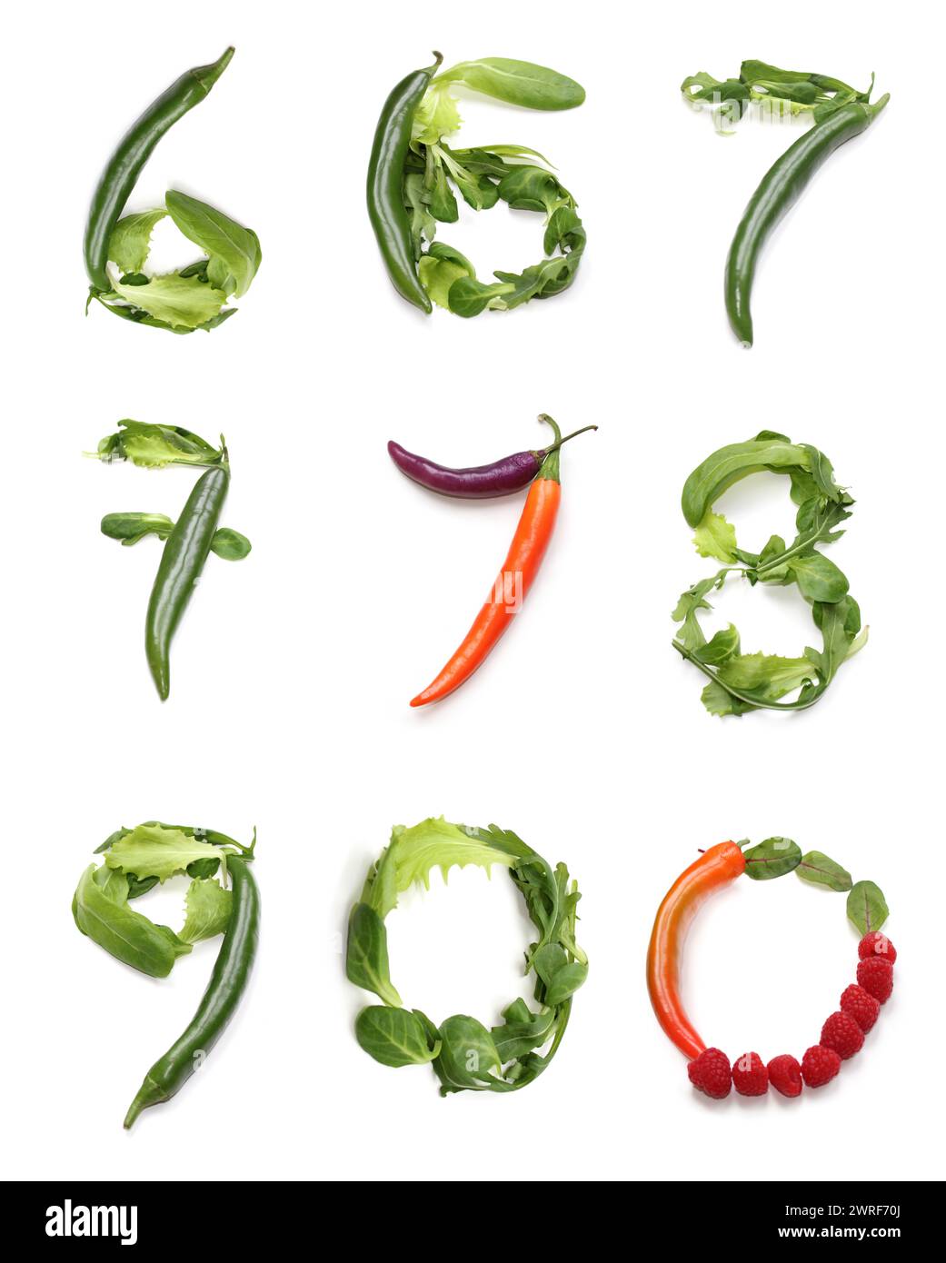 numbers 0 6 7 8 9 from green orange purple chili pepper, red berry and green salad lettuce leaf. vegan food number six, seven, nine, zero, letter O o Stock Photo