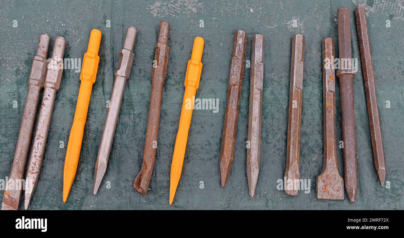 Collection of Chisel Bits for Hammer Drill Tool Attachment Stock Photo