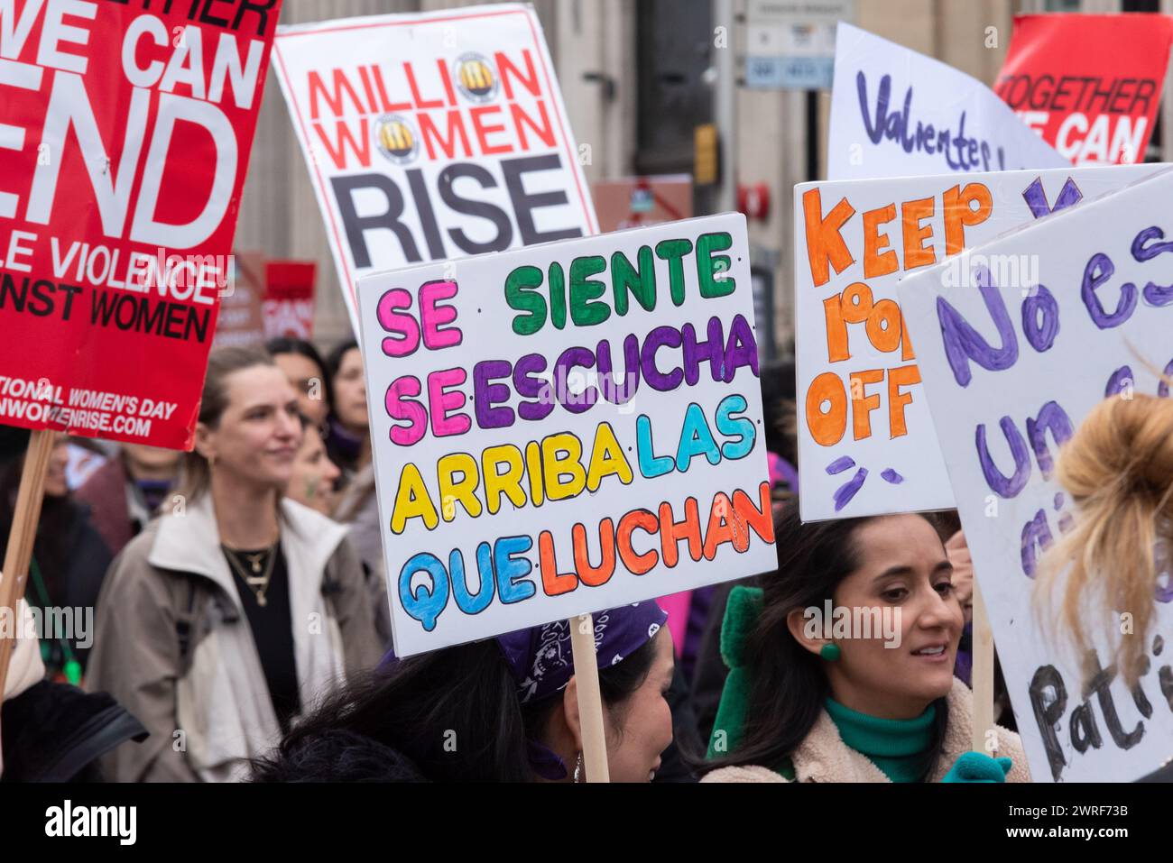 Million Women Rise march, as part of International Women's Day 2024. Protest against oppression, inequality, reproductive rights & violence Stock Photo