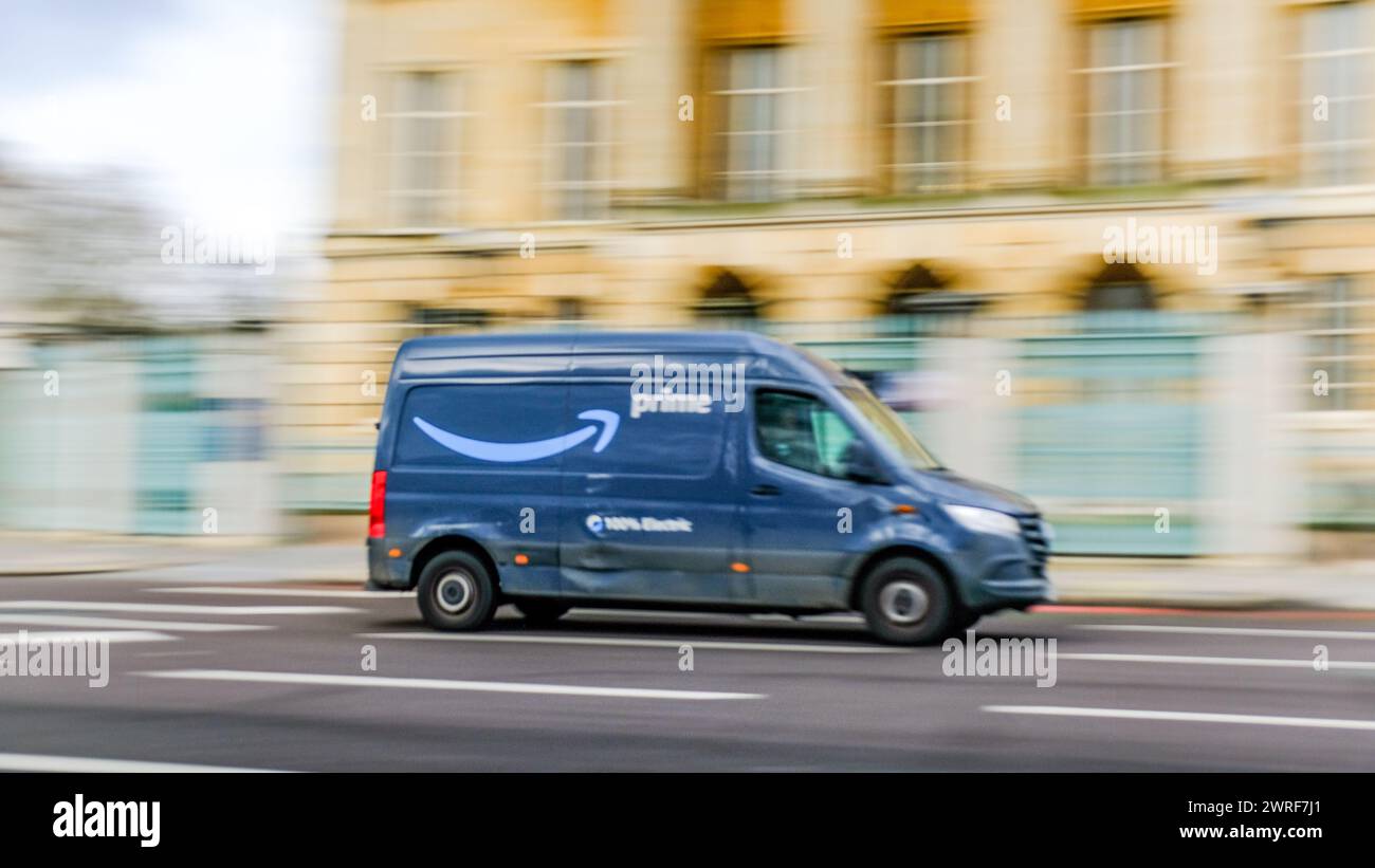 LONDON FEBRUARY 19, 2024 Amazon Prime delivery van in motion on London street Stock Photo Alamy