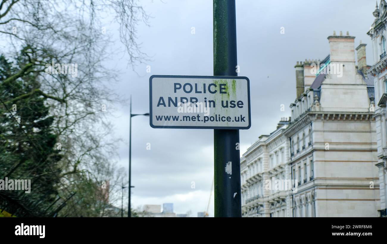 LONDON- FEBRUARY 19, 2024: Police ANPR (automated number plate recognition) in Use sign from Met Police in SW1 outside Buckingham Palace Stock Photo