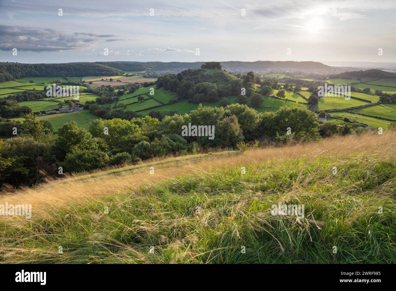 View to Dursley and Downham Hill from Uley Bury Hillfort, Dursley, Cotswolds, Gloucestershire, England, United Kingdom, Europe Stock Photo
