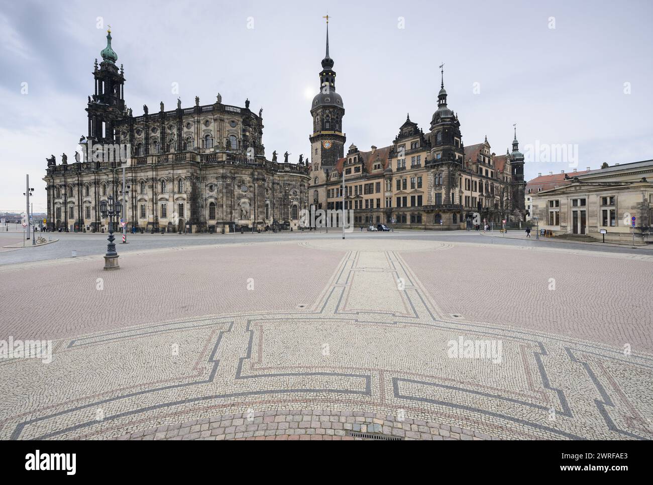 Dresden, Germany. 12th Mar, 2024. View over the Theaterplatz in the old town to the Hofkirche (l-r), the Hausmannsturm, the Residenzschloss and the Schinkelwache. Credit: Robert Michael/dpa/Alamy Live News Stock Photo