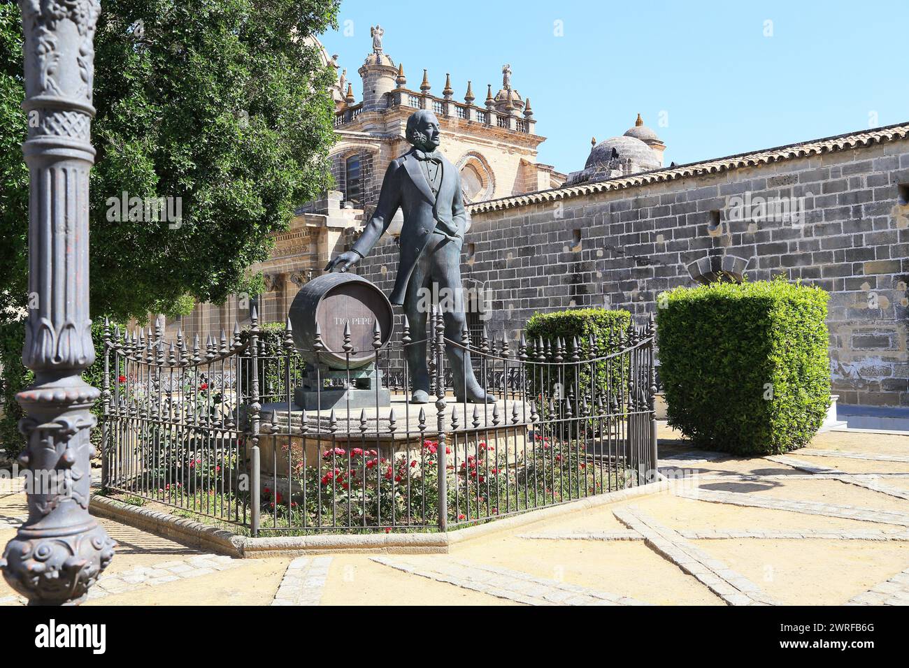 JEREZ DE LA FRONTERA, SPAIN - MAY 22, 2017: This is a monument to the founder of the Tio Pepe sherry company in the square near the Cathedral. Stock Photo
