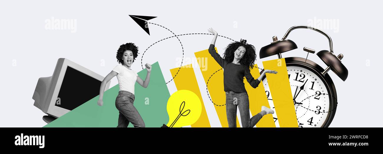 Composite panoramic collage of two american girl alarm clock light bulb