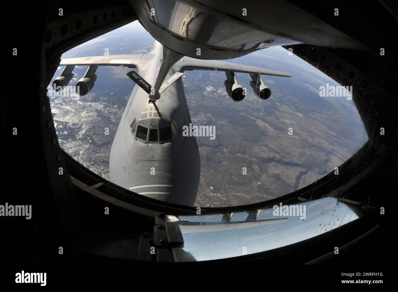 A KC-135 Stratotanker from Fairchild AFB, Wash., refuels a C-5 Galaxy