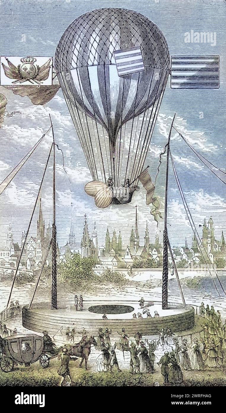 Erster Flug mit einem lenkbaren Ballon von Dijon aus am 12. Juni 1784 durch Louis Bernard Guyton de Morveau  /  First flight with a dirigible balloon from Dijon 12 June 1784 by Louis Bernard Guyton de Morveau From the book Wondeful Balloon Ascents or The Conquest of the Skies published c 1870, Historisch, digital restaurierte Reproduktion von einer Vorlage aus dem 19. Jahrhundert, Record date not stated, Stock Photo