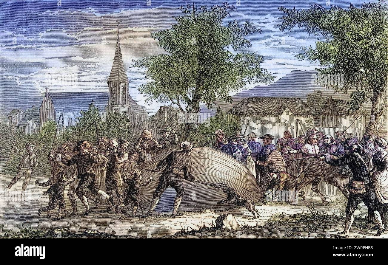 Die Zerstörung des Ballons von Charles Paris Frankreich 27. August 1783 Jacques Alexandre Cesar Charles 1746 - 1823 Französischer Chemiker, Physiker und Aeronaut  /  The Destruction of Charles balloon Paris France August 27 1783 Jacques Alexandre Cesar Charles 1746 - 1823 French chemist physicist and aeronaut From the book Wondeful Balloon Ascents or The Conquest of the Skies published c 1870, Historisch, digital restaurierte Reproduktion von einer Vorlage aus dem 19. Jahrhundert, Record date not stated, Stock Photo