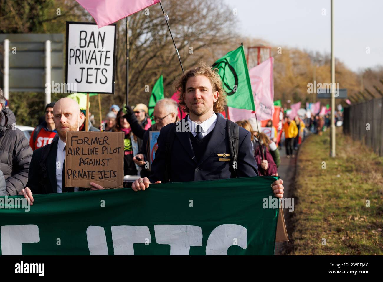 27th Jan 2024. Farnborough Airport, UK. 'Flying to Extinction' march