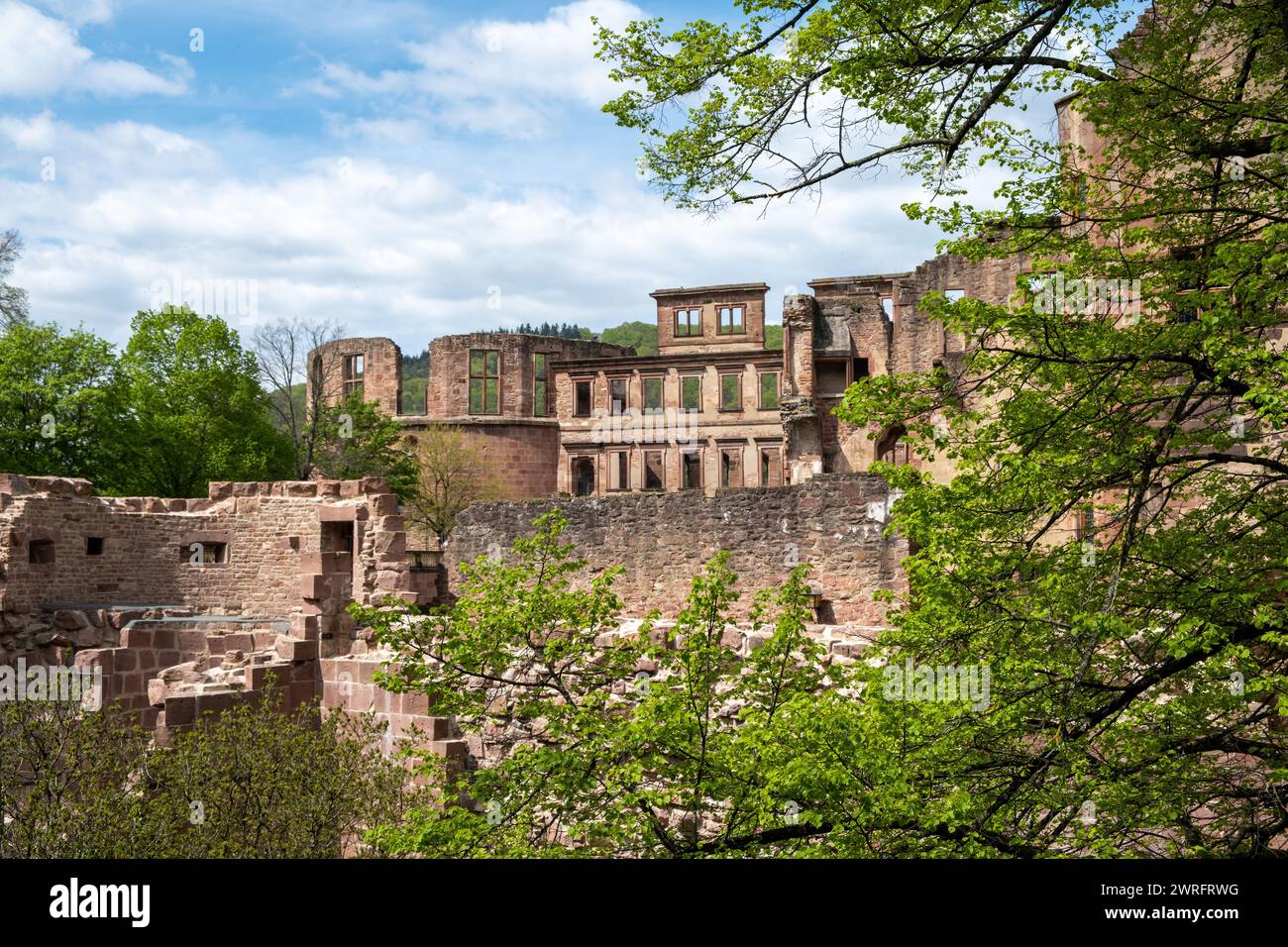 Schloss Heidelberg, Heidelberg castle, palace in Baden-Wurttemberg Germany. Ancient medieval ruins, popular sightseeing, nature, cloudy sky. Stock Photo