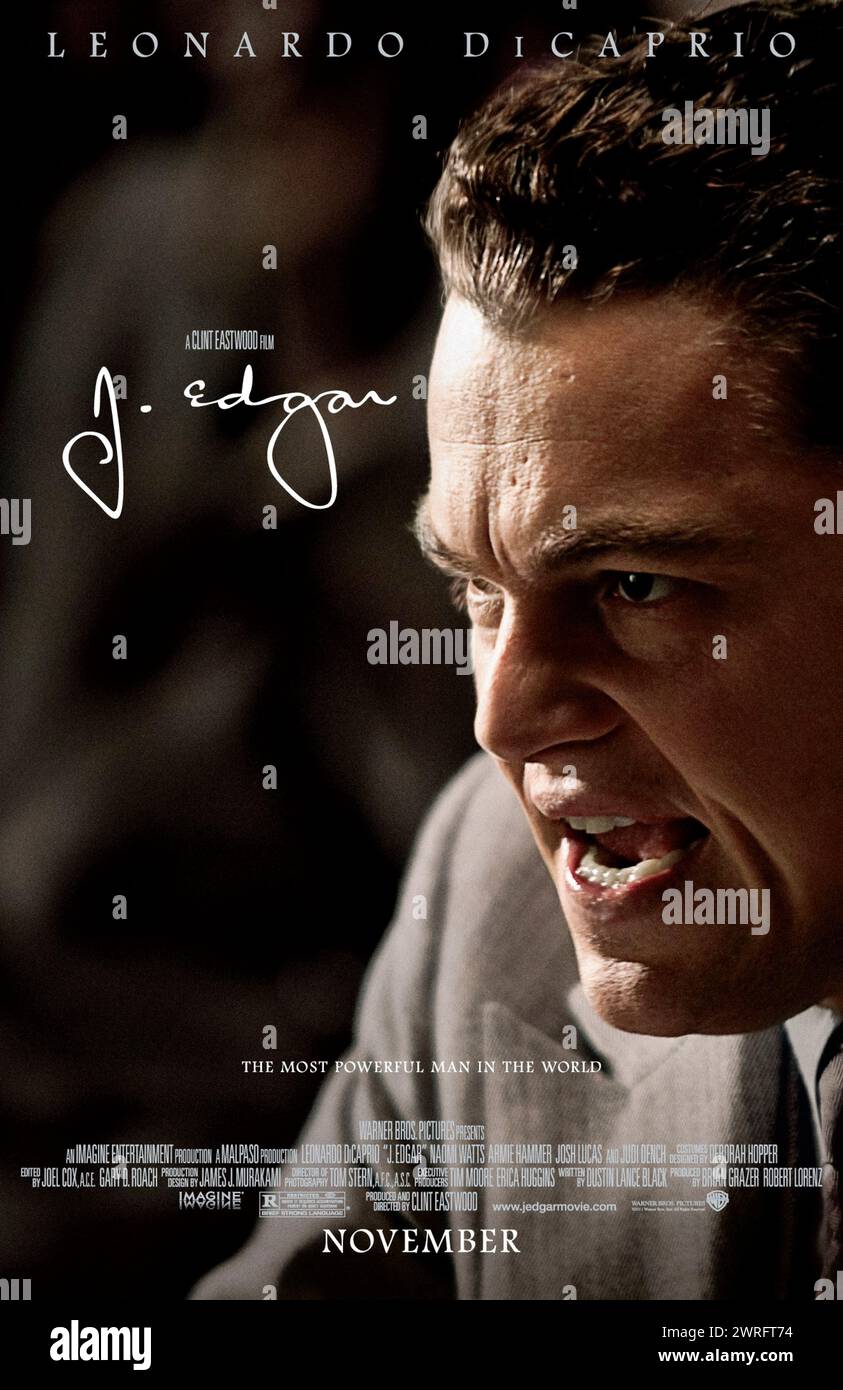 J. Edgar (2011) directed by Clint Eastwood and starring Leonardo DiCaprio, Armie Hammer and Naomi Watts. J. Edgar Hoover, powerful head of the F.B.I. for nearly fifty years, looks back on his professional and personal life. US one sheet poster ***EDITORIAL USE ONLY***. Credit: BFA / Warner Bros Stock Photo