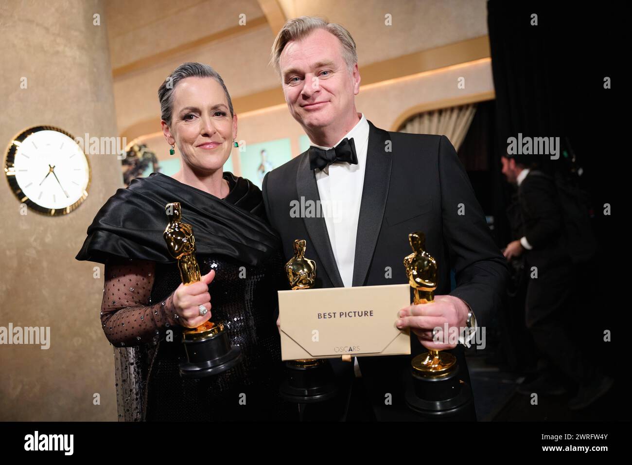 Los Angeles, USA. 10th Mar, 2024. Emma Thomas, and Christopher Nolan pose backstage with the Oscar® for Best Picture during the live ABC telecast of the 96th Oscars® at Dolby® Theatre at Ovation Hollywood on Sunday, March 10, 2024. (Photo by A.M.P.A.S. via Credit: Sipa USA/Alamy Live News Stock Photo