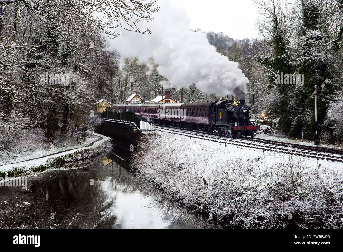 10/12/17  The Santa Express steams out of Consall station on the Churnet Valley Railway in the Staffordshire Moorlands near Leek.   All Rights Reserve Stock Photo