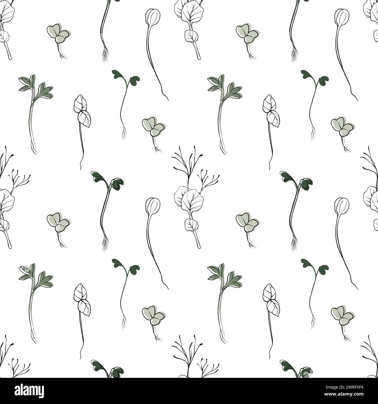 Sprout Pattern hand drawn vector seamless pattern with microgreens . Contour sprouts ...
