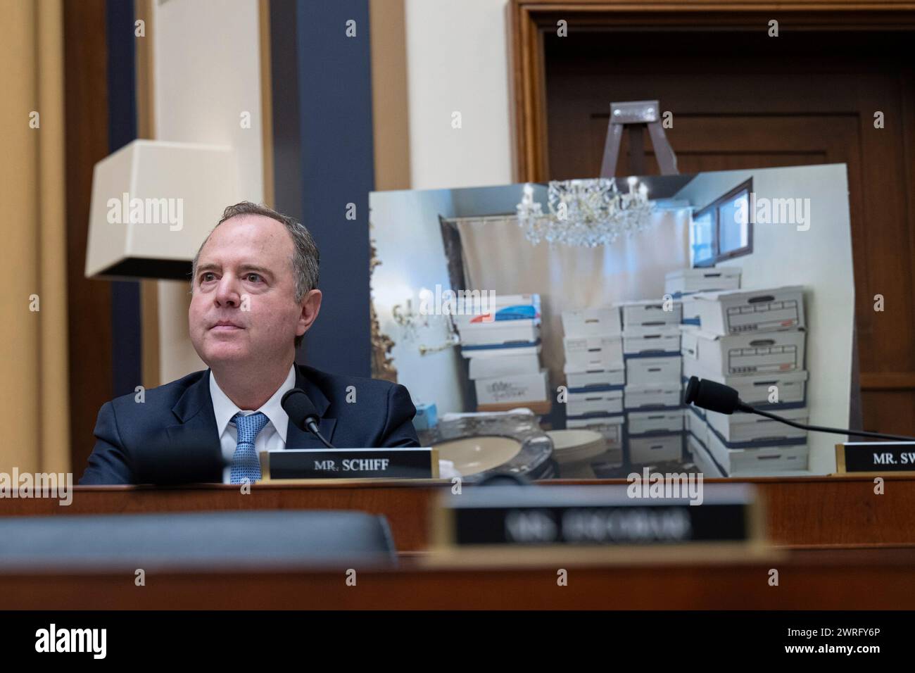 United States Representative Adam Schiff (Democrat of California) addresses Robert K Hur, Special Counsel, as he testifies before the United States House Committee on the Judiciary concerning his report âReport of the Special Counsel on the Investigation Into Unauthorized Removal, Retention, and Disclosure of Classified Documents Discovered at Locations Including the Penn Biden Center and the Delaware Private Residence of President Joseph R. Biden, Jrâ in the Rayburn House Office Building on Capitol Hill in Washington, DC on Tuesday, March 12, 2024. Credit: Annabelle Gordon/CNP Stock Photo