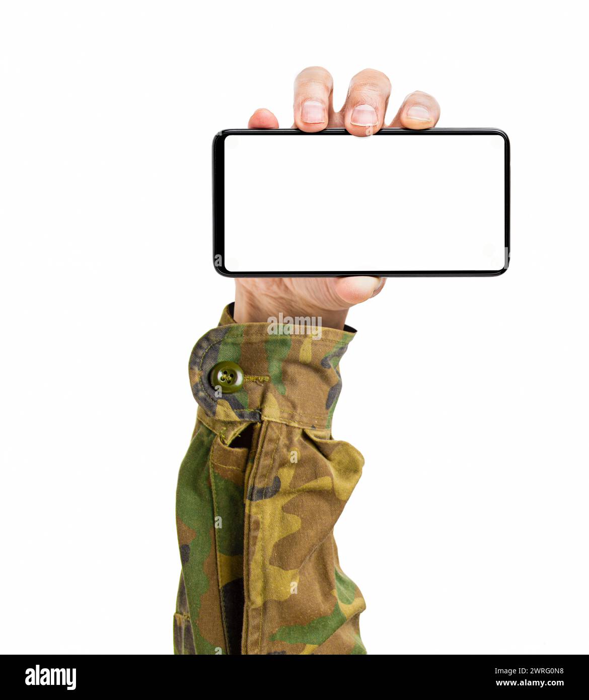 Closeup of a man hand showing a horizontal blank smartphone screen isolated on a white background Stock Photo