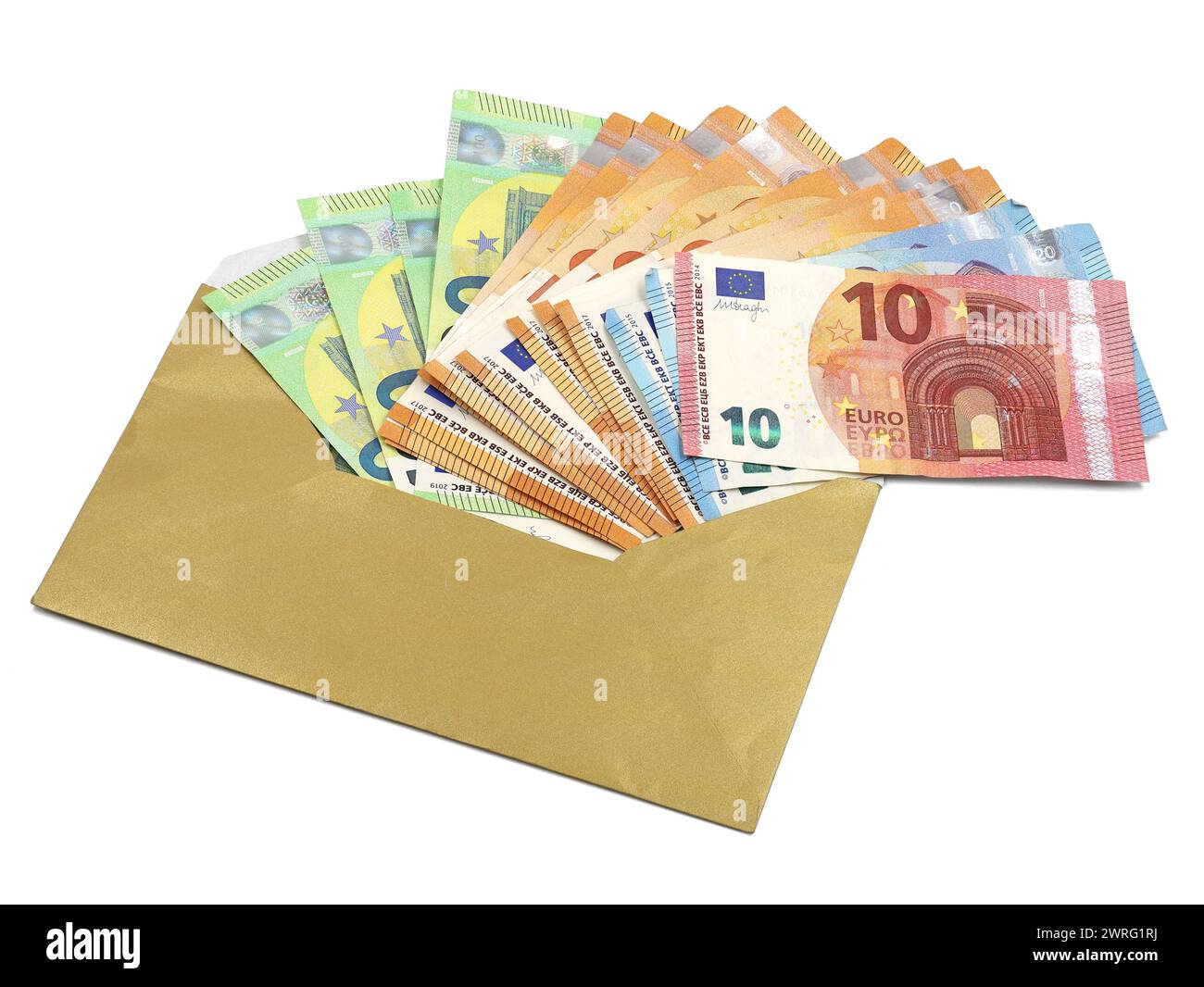 different euro banknotes come out of golden envelope isolated on white background Stock Photo