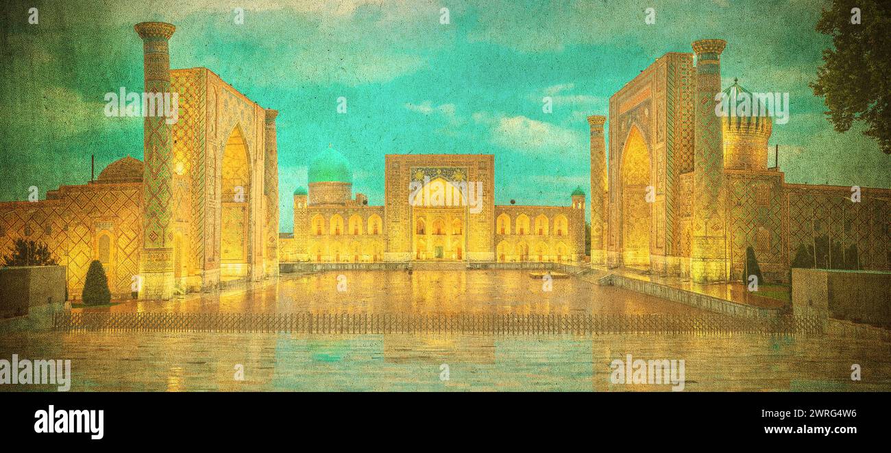 Grunge image of Registan square, Samarkand, Uzbekistan with three madrasahs: Ulugh Beg, Tilya Kori and Sher-Dor Madrasah. Stock Photo