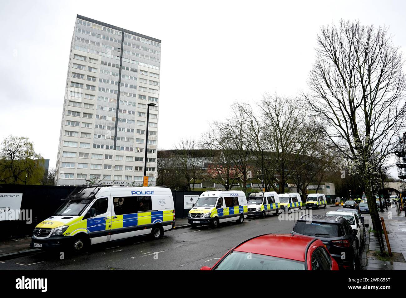 Police vans parked near the stadium ahead of the UEFA Champions League Round of 16, second leg match at the Emirates Stadium, London. Picture date: Tuesday March 12, 2024. Stock Photo