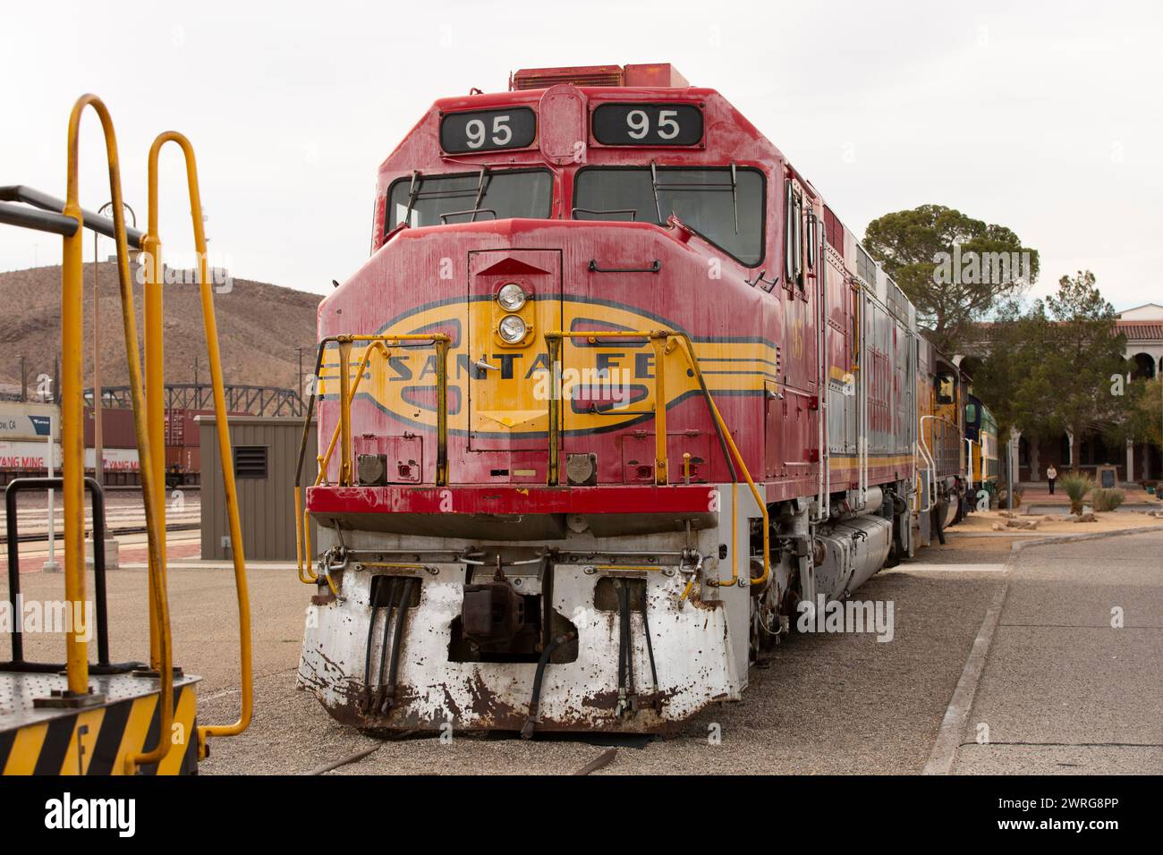 Barstow, California, USA - June 20, 2020:  A Santa Fe train engine rests at the Barstow station. Stock Photo