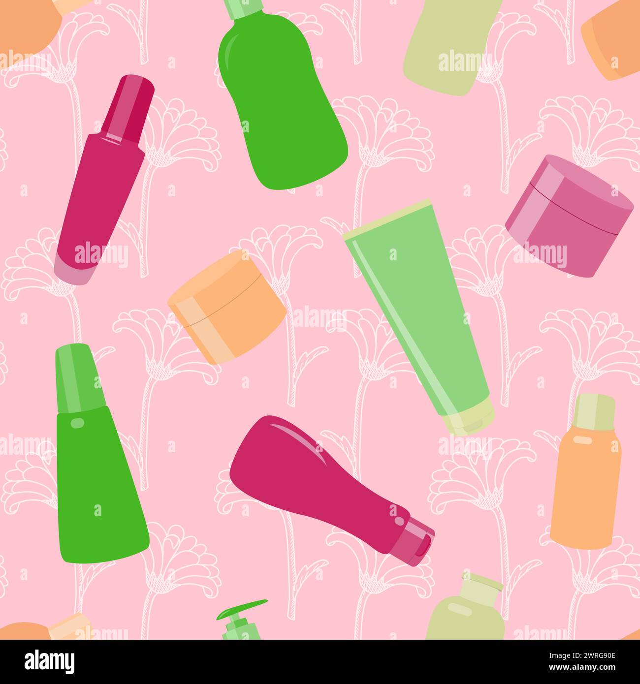 Bright seamless pattern with cosmetic bottles and flowers Stock Vector