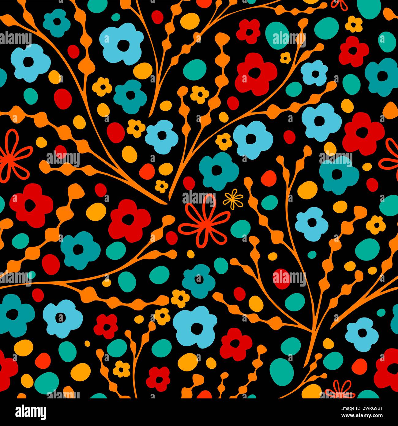 Seamless pattern of small red and blue flowers on a black background ...