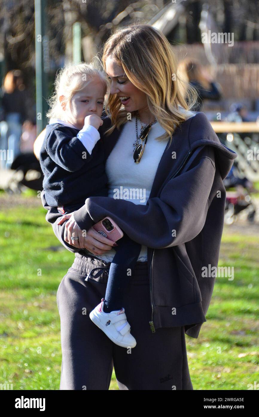 Milan, . 12th Mar, 2024. Claudio Mangiarotti rights copyright Milan - Chiara Ferragni's single life after returning from the United States, she spends the afternoon in the gardens of Parco Sempione with her children Leone and Vittoria, her mother Marina di Guardo. The opportunity to also celebrate the birthday of sister Francesca Ferragni and son Riccardo. Note the sculpted abs of Chiara Ferragni Ph Claudio Mangiarotti Credit: Independent Photo Agency/Alamy Live News Stock Photo