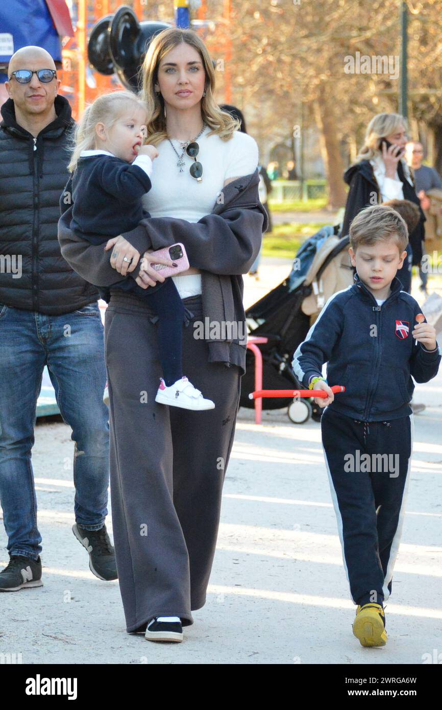 Milan, . 12th Mar, 2024. Claudio Mangiarotti rights copyright Milan - Chiara Ferragni's single life after returning from the United States, she spends the afternoon in the gardens of Parco Sempione with her children Leone and Vittoria, her mother Marina di Guardo. The opportunity to also celebrate the birthday of sister Francesca Ferragni and son Riccardo. Note the sculpted abs of Chiara Ferragni Ph Claudio Mangiarotti Credit: Independent Photo Agency/Alamy Live News Stock Photo