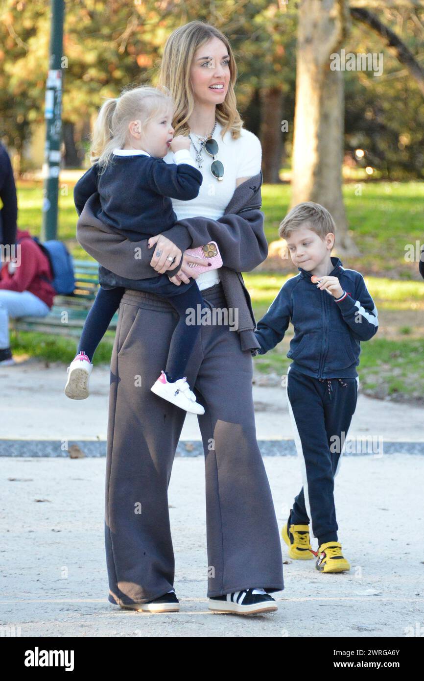 Milan, . 12th Mar, 2024. Claudio Mangiarotti rights copyright Milan - Chiara Ferragni's single life after returning from the United States, she spends the afternoon in the gardens of Parco Sempione with her children Leone and Vittoria, her mother Marina di Guardo. The opportunity to also celebrate the birthday of sister Francesca Ferragni and son Riccardo. Note the sculpted abs of Chiara Ferragni Ph Claudio Mangiarotti Credit: Independent Photo Agency/Alamy Live News Stock Photo
