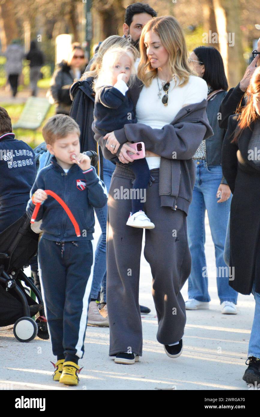 Milan, . 12th Mar, 2024. Claudio Mangiarotti rights copyright Milan - Chiara Ferragni's single life after returning from the United States, she spends the afternoon in the gardens of Parco Sempione with her children Leone and Vittoria, her mother Marina di Guardo. The opportunity to also celebrate the birthday of sister Francesca Ferragni and son Riccardo. Note the sculpted abs of Chiara Ferragni Ph Claudio Mangiarotti Credit: Independent Photo Agency/Alamy Live News Stock Photo