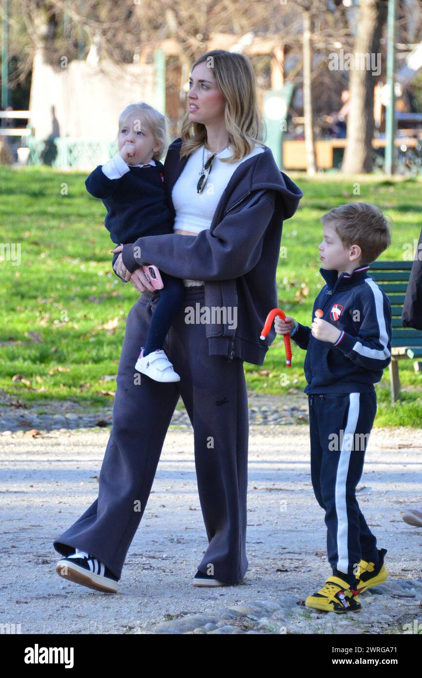 Milan, . 12th Mar, 2024. Claudio Mangiarotti rights copyright Milan - Chiara Ferragni's single life after returning from the United States, she spends the afternoon in the gardens of Parco Sempione with her children Leone and Vittoria, her mother Marina di Guardo. The opportunity to also celebrate the birthday of sister Francesca Ferragni and son Riccardo. Note the sculpted abs of Chiara Ferragni Ph Claudio Mangiarotti Credit: Independent Photo Agency/Alamy Live News Stock Photo