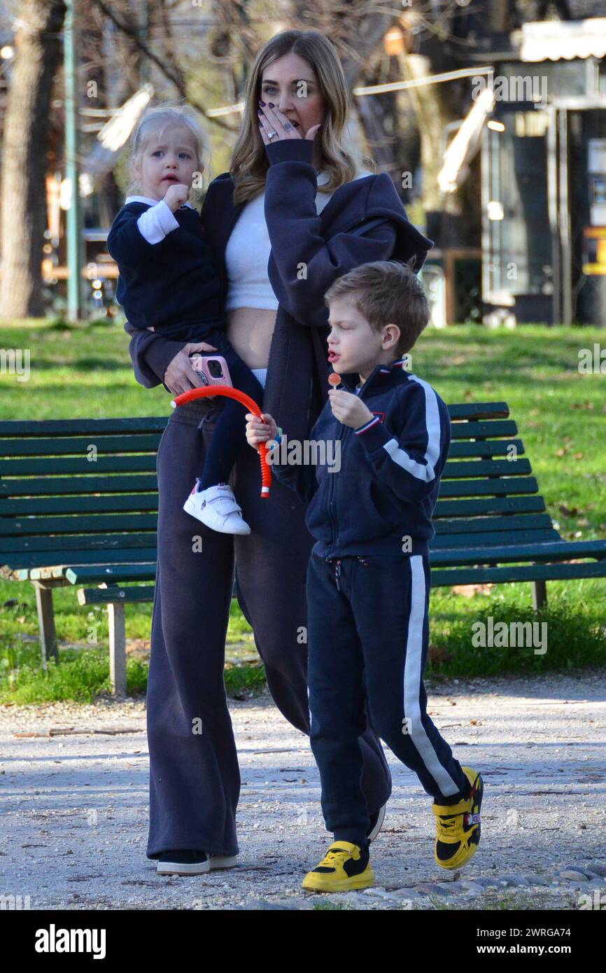 Milan, . 12th Mar, 2024. Claudio Mangiarotti rights copyright Milan - Chiara Ferragni's single life after returning from the United States, she spends the afternoon in the gardens of Parco Sempione with her children Leone and Vittoria, her mother Marina di Guardo. The opportunity to also celebrate the birthday of sister Francesca Ferragni and son Riccardo. Note the sculpted abs of Chiara Ferragni Ph Claudio Mangiarotti Credit: Independent Photo Agency/Alamy Live News Stock Photo