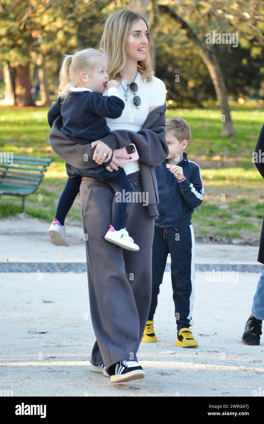 Milan, . 12th Mar, 2024. Claudio Mangiarotti rights copyright Milan - Chiara Ferragni's single life after returning from the United States, she spends the afternoon in the gardens of Parco Sempione with her children Leone and Vittoria, her mother Marina di Guardo. The opportunity to also celebrate the birthday of sister Francesca Ferragni and son Riccardo. Note the sculpted abs of Chiara Ferragni Ph Claudio Mangiarotti Credit: Independent Photo Agency/Alamy Live News Stock Photo