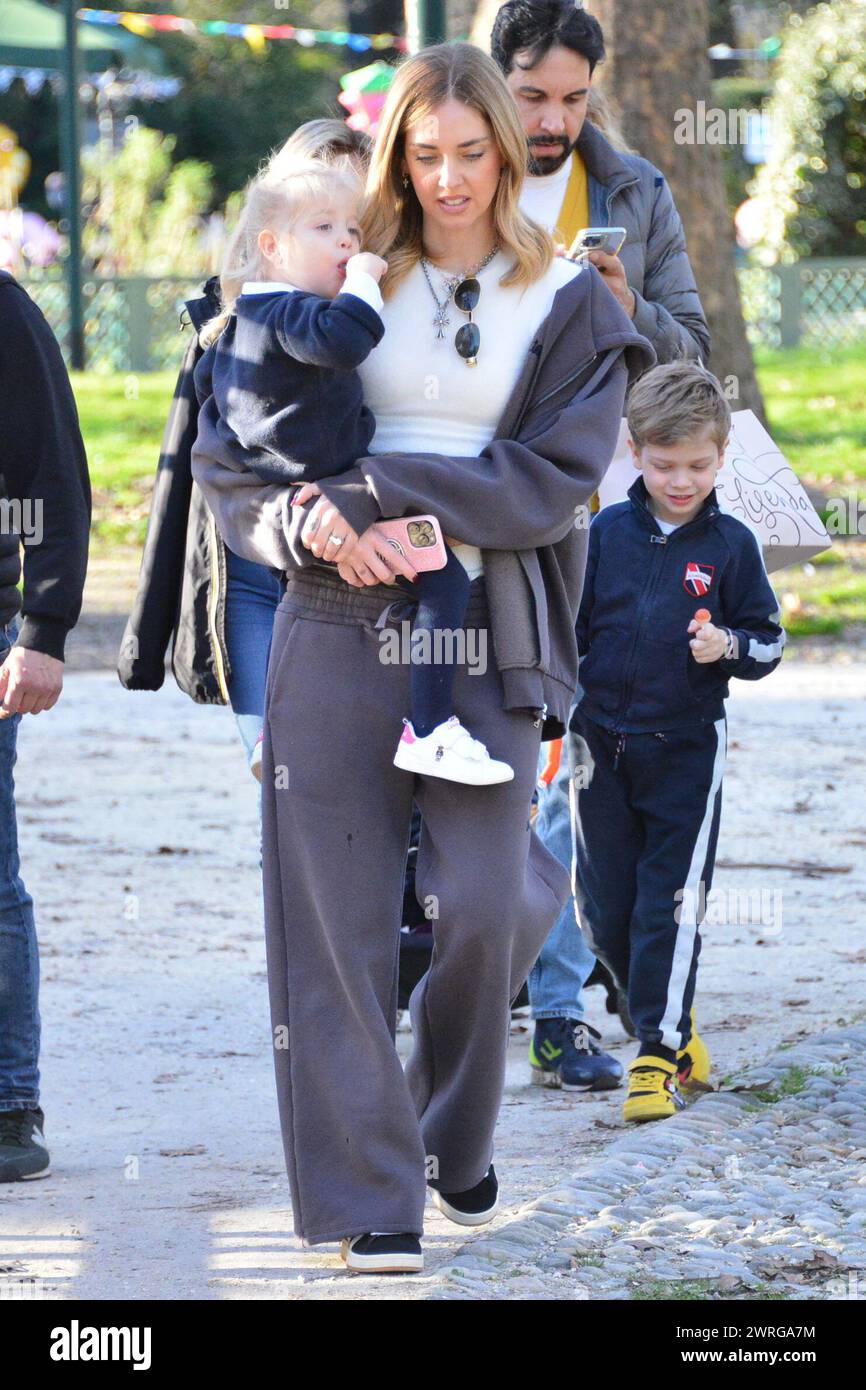 Milan, . 12th Mar, 2024. Claudio Mangiarotti rights copyright Milan - Chiara Ferragni's single life after returning from the United States, she spends the afternoon in the gardens of Parco Sempione with her children Leone and Vittoria, her mother Marina di Guardo. The opportunity to also celebrate the birthday of sister Francesca Ferragni and son Riccardo. Note the sculpted abs of Chiara Ferragni Ph Claudio Mangiarotti Credit: Independent Photo Agency/Alamy Live News Stock Photo