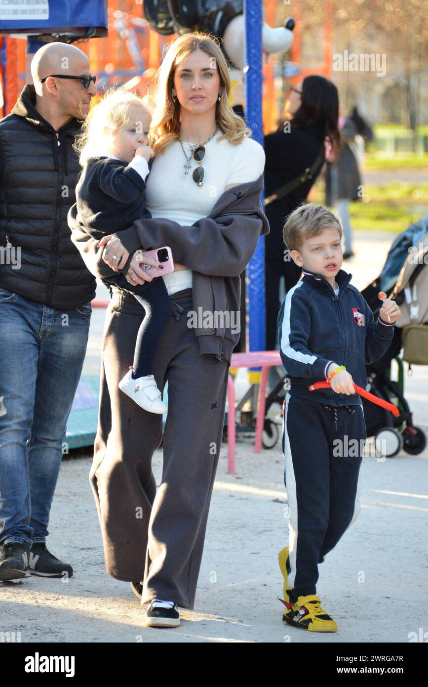 Milan, . 12th Mar, 2024. Claudio Mangiarotti rights copyright Milan - Chiara Ferragni's single life after returning from the United States, she spends the afternoon in the gardens of Parco Sempione with her children Leone and Vittoria, her mother Marina di Guardo. The opportunity to also celebrate the birthday of sister Francesca Ferragni and son Riccardo. Note the sculpted abs of Chiara Ferragni Ph Claudio Mangiarotti Credit: Independent Photo Agency/Alamy Live News Stock Photo