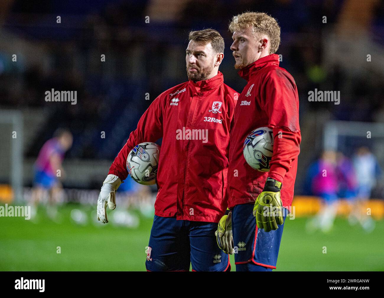 12th March 2024; St Andrews, Birmingham, West Midlands, England; EFL Championship Football, Birmingham City versus Middlesbrough; Tom Glover and Jamie Jones of Middlesborough during the pre-match warm-up Stock Photo