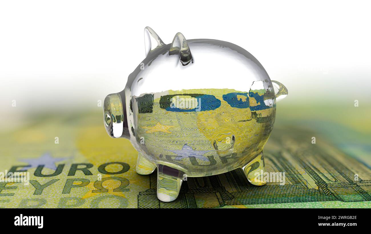 Glass piggy bank on euro banknote Stock Photo