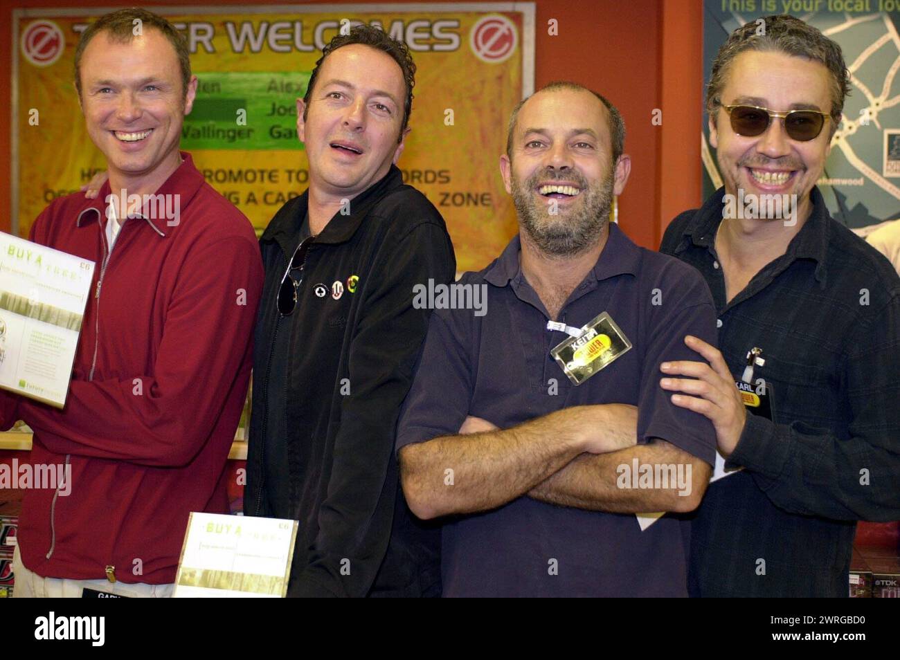 File photo dated 14/09/00 of (left to right) Gary Kemp from Spandau Ballet, Joe Strummer, from The Clash, Keith Allen, from Fat Les and Karl Wallinger from World Party, at Tower Records in Piccadilly, central London, where they backed a national organisation called Future Forests. World Party frontman Karl Wallinger, who was also a member of The Waterboys, has been remembered as 'one of the all-time greats' after his death at 66. Issue date: Tuesday March 12, 2024. Stock Photo