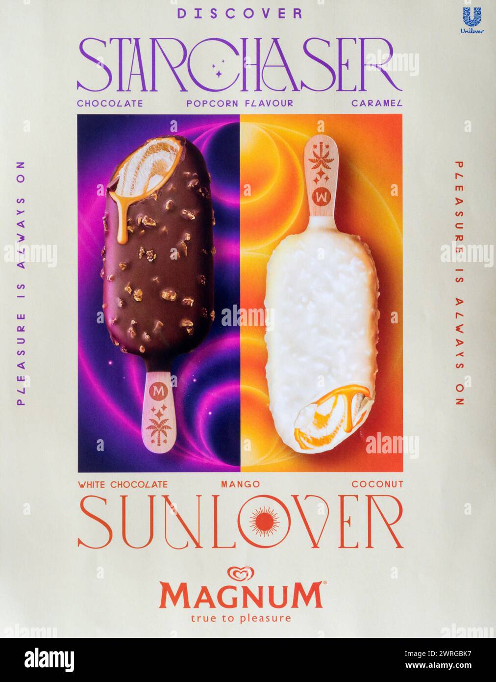 Advertisement for Starchaser and Sunlover Magnum ice creams.  Sainsbury's Magazine. July 2023. Stock Photo