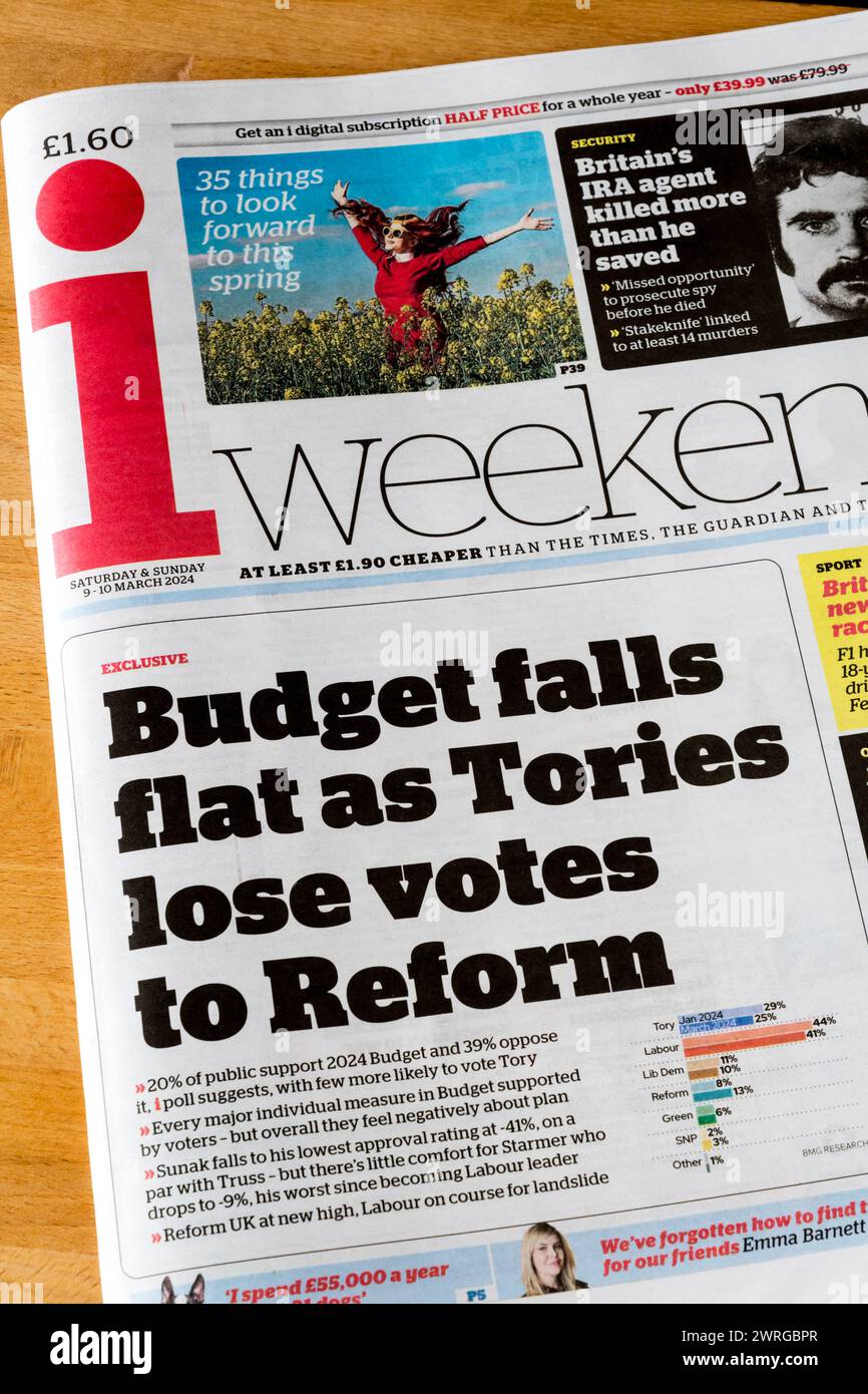 9-10 March 2024 Headline in weekend i newspaper reads: Budget falls flat as Tories lose votes to Reform. Stock Photo