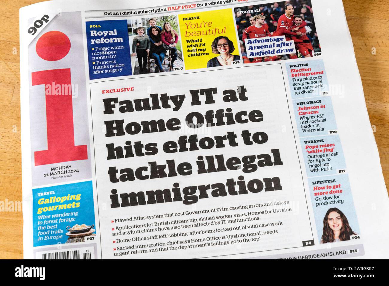11 March 2024. Headline in i newspaper reads: Faulty IT at Home Office hits effort to tackle illegal immigration. Stock Photo