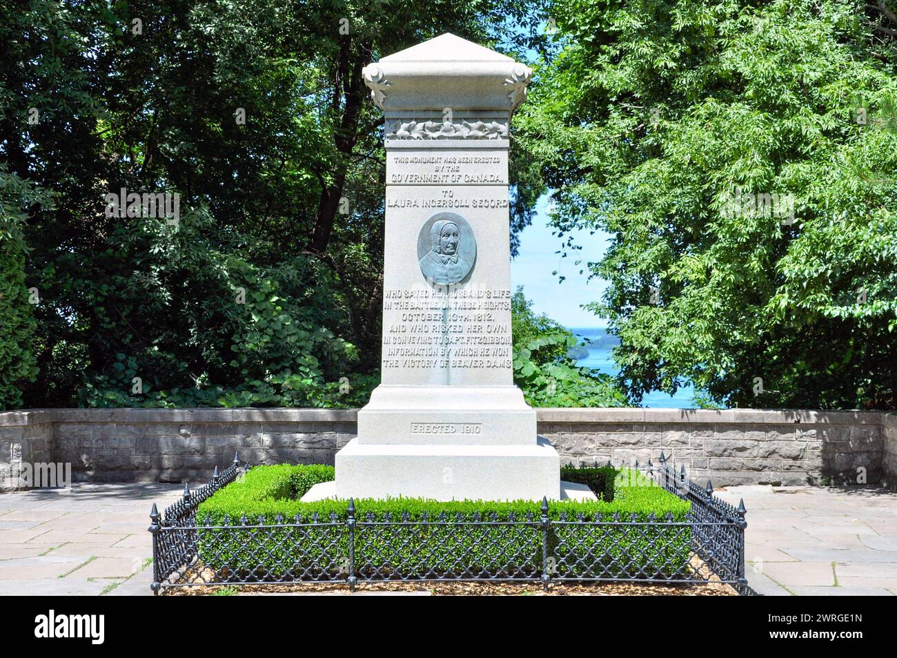 July 22, 2015 - Queenston Heights, ON, Canada:  Overlooking the Niagara River, a monument marking the bravery of Laura Second during the War of 1812. Stock Photo