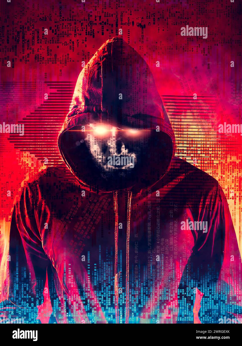 Hacker boy with hood, power of programming. Cutting-edge technology, use of artificial intelligence to expand and speed up programming processes Stock Photo