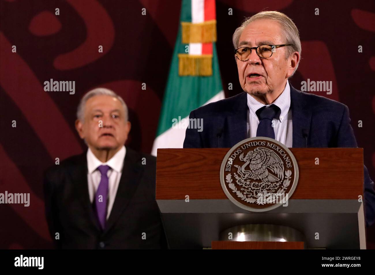 Non Exclusive: March 12, 2024, Mexico City, Mexico: Mexico’s President, Andres Manuel Lopez Obrador is seen behind while Health Minister Jorge Alcocer Stock Photo